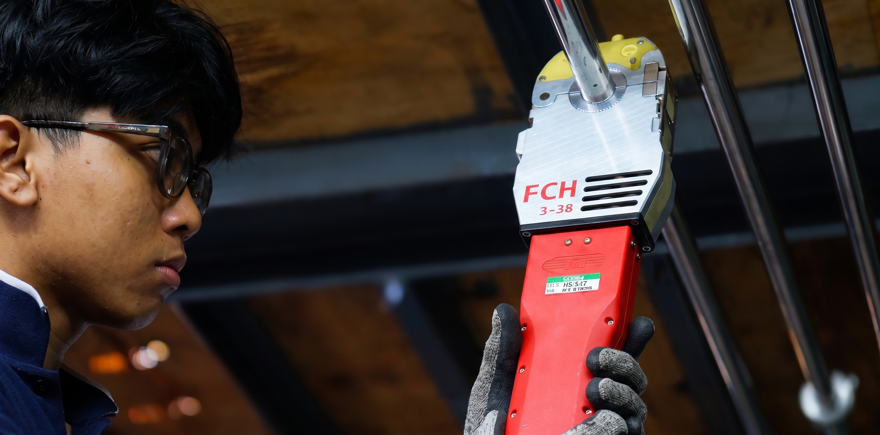 An Operator, setting up a stainless steel pipe for orbital welding.
